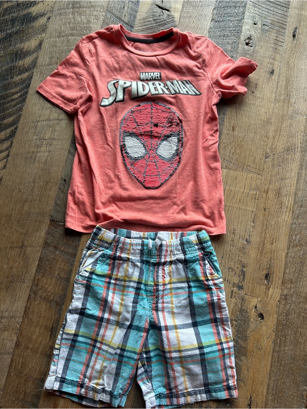 Marvel flip sequin Spider-Man Tee with Teal & Multicolor Plaid Shorts